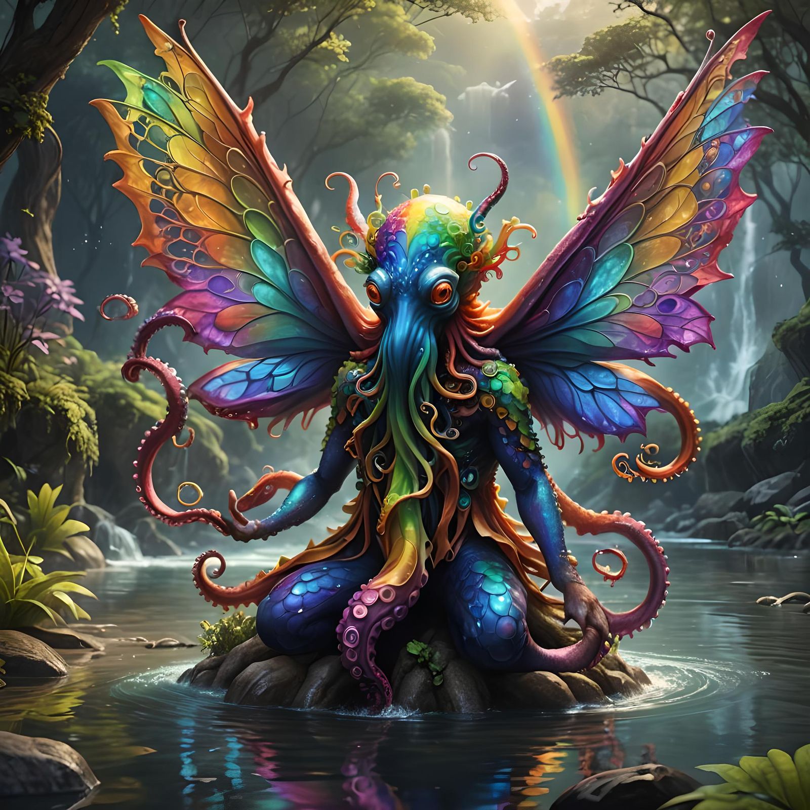 Rainbow Fairy-Octopus with Fractal Background