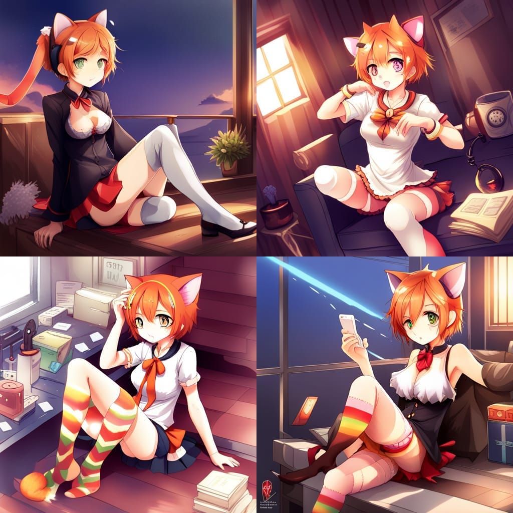 Anime Style Girl with Cat Ears and Rainbow Stockings