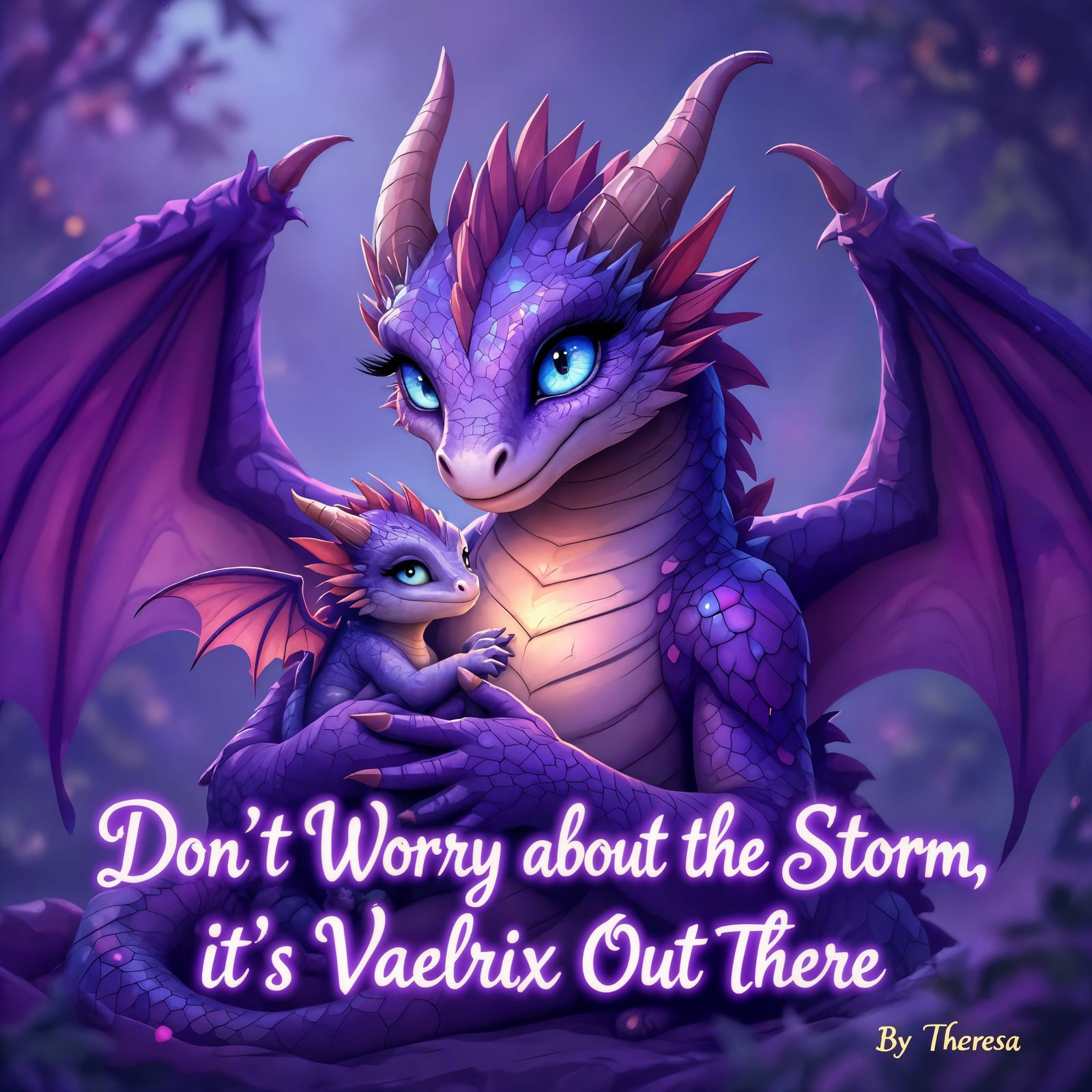 Purple Dragon Comforting Her Baby: AI Art