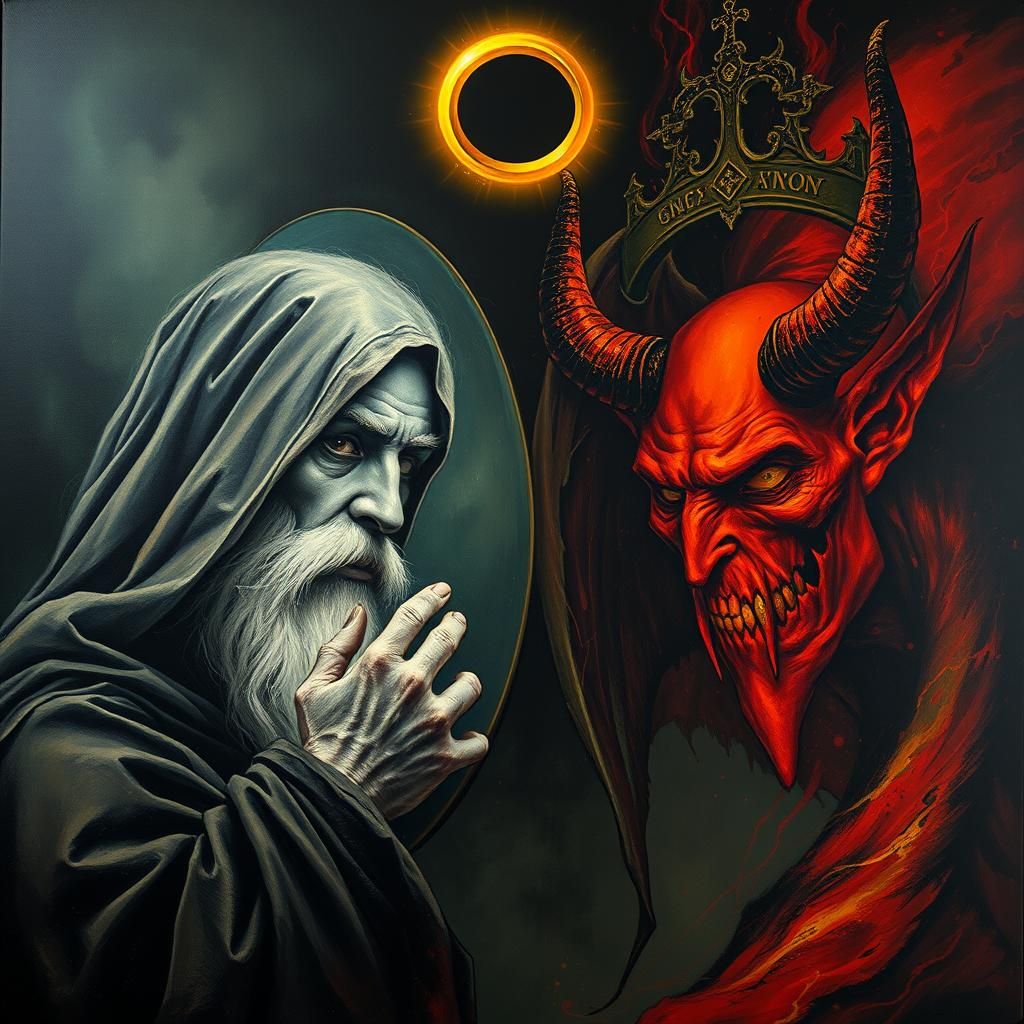 God and Satan Mirror Reflection in Surreal Automatism Style