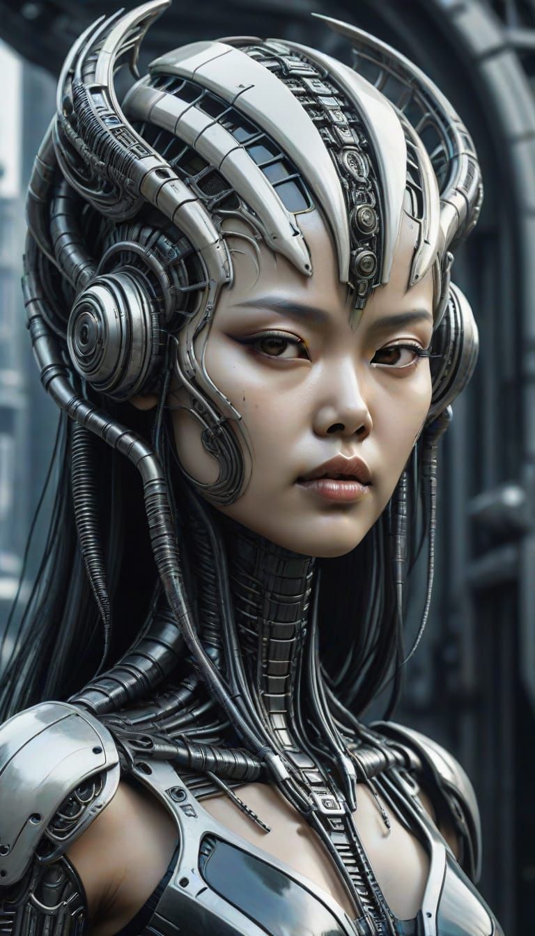 Beautiful Biomechanical Cyborg Queen in Futuristic City