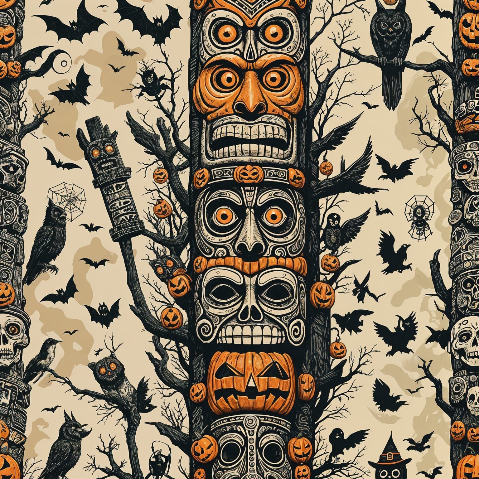 Retro Halloween Totem Pole Art