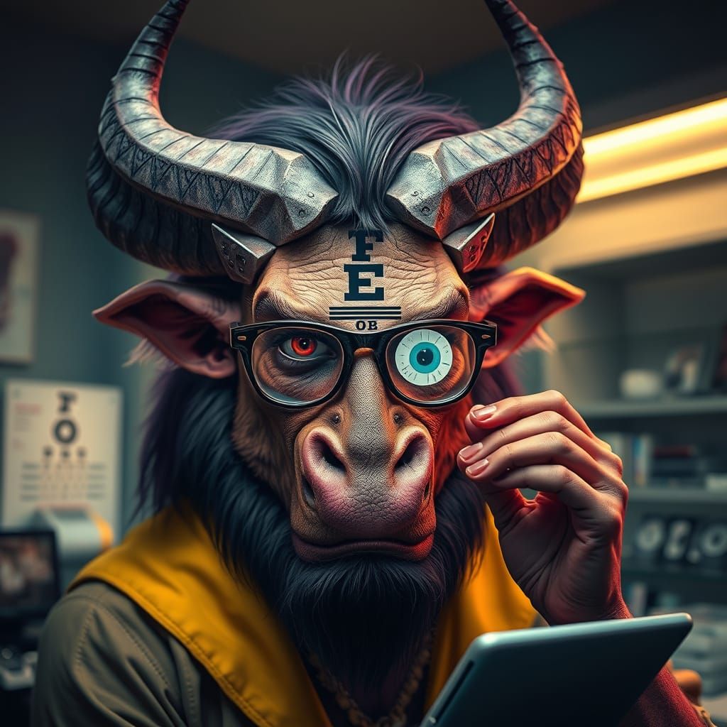 Minotaur's Eye Exam: A Dark Fantasy Portrait