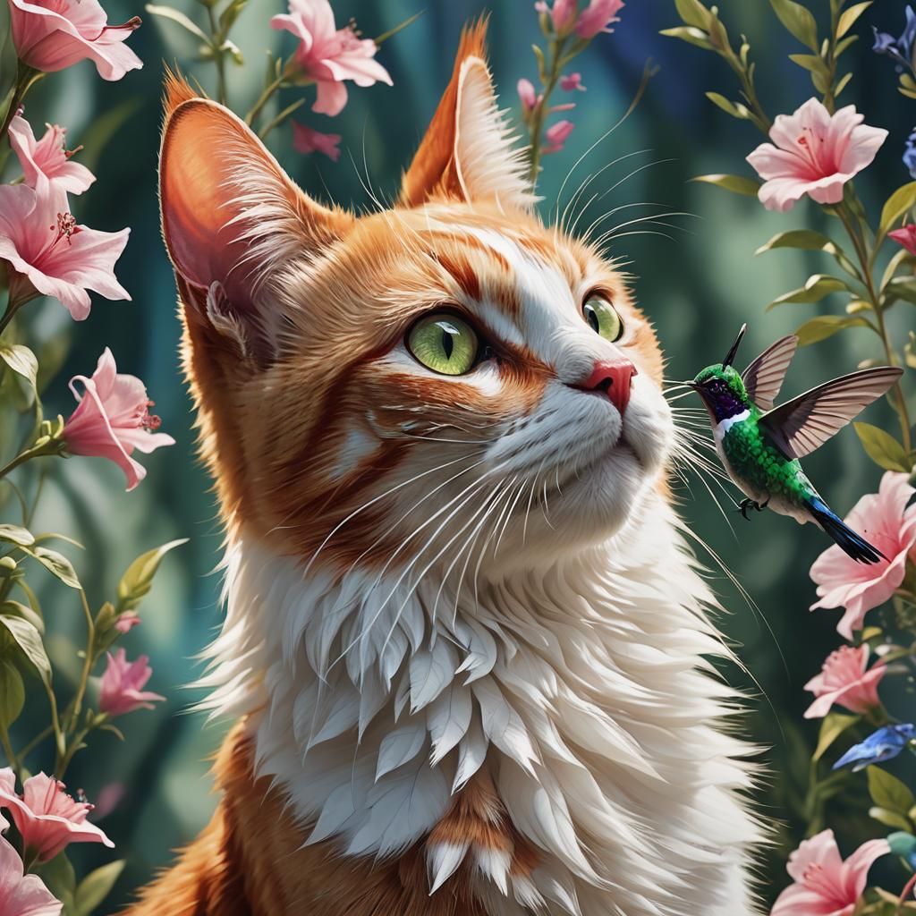 Cat and Hummingbird in Hyper-Realistic Digital Art
