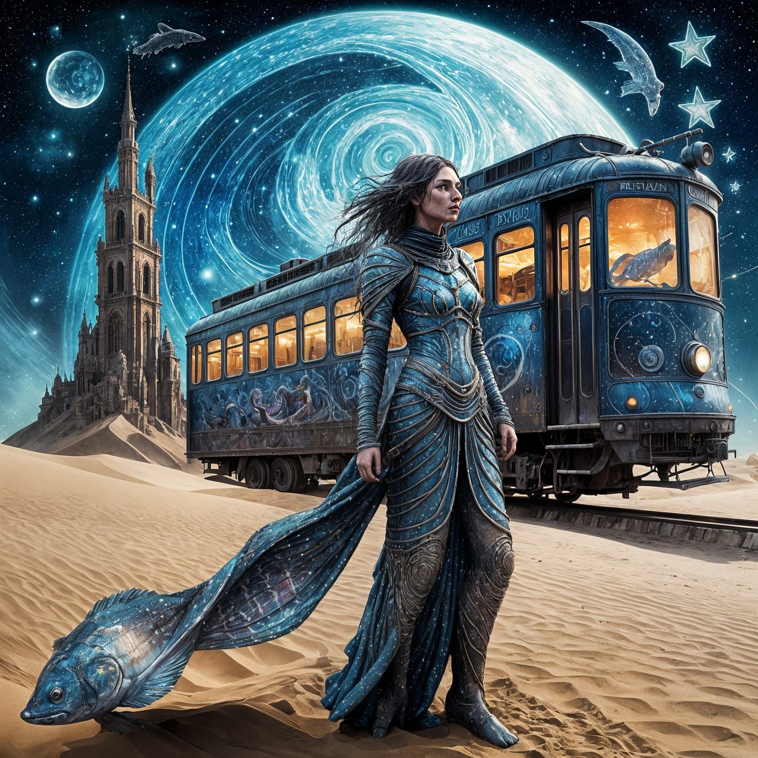 Surreal Fish Woman Desert Night Tram in Biopunk Style