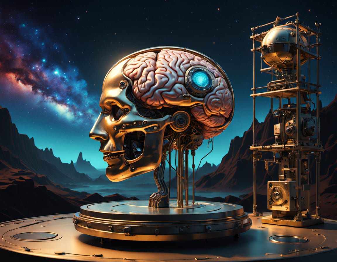 Surreal Mechanical Being Observes Dystopian Hologram