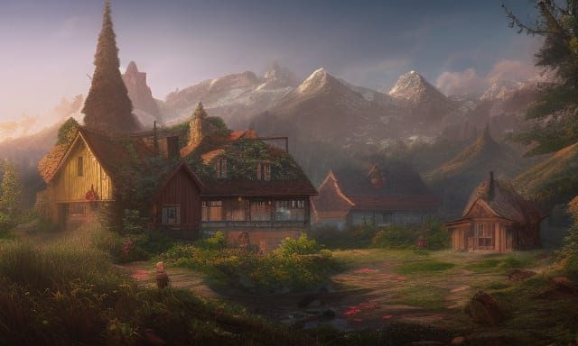 Nordic Village at Sunset: Detailed Matte Painting