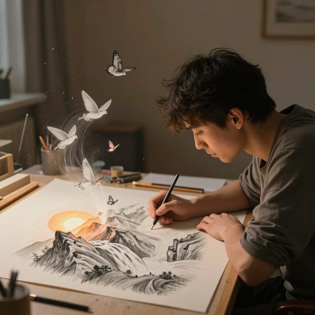 Artist Transforms Pencil Sketch into Living Landscape