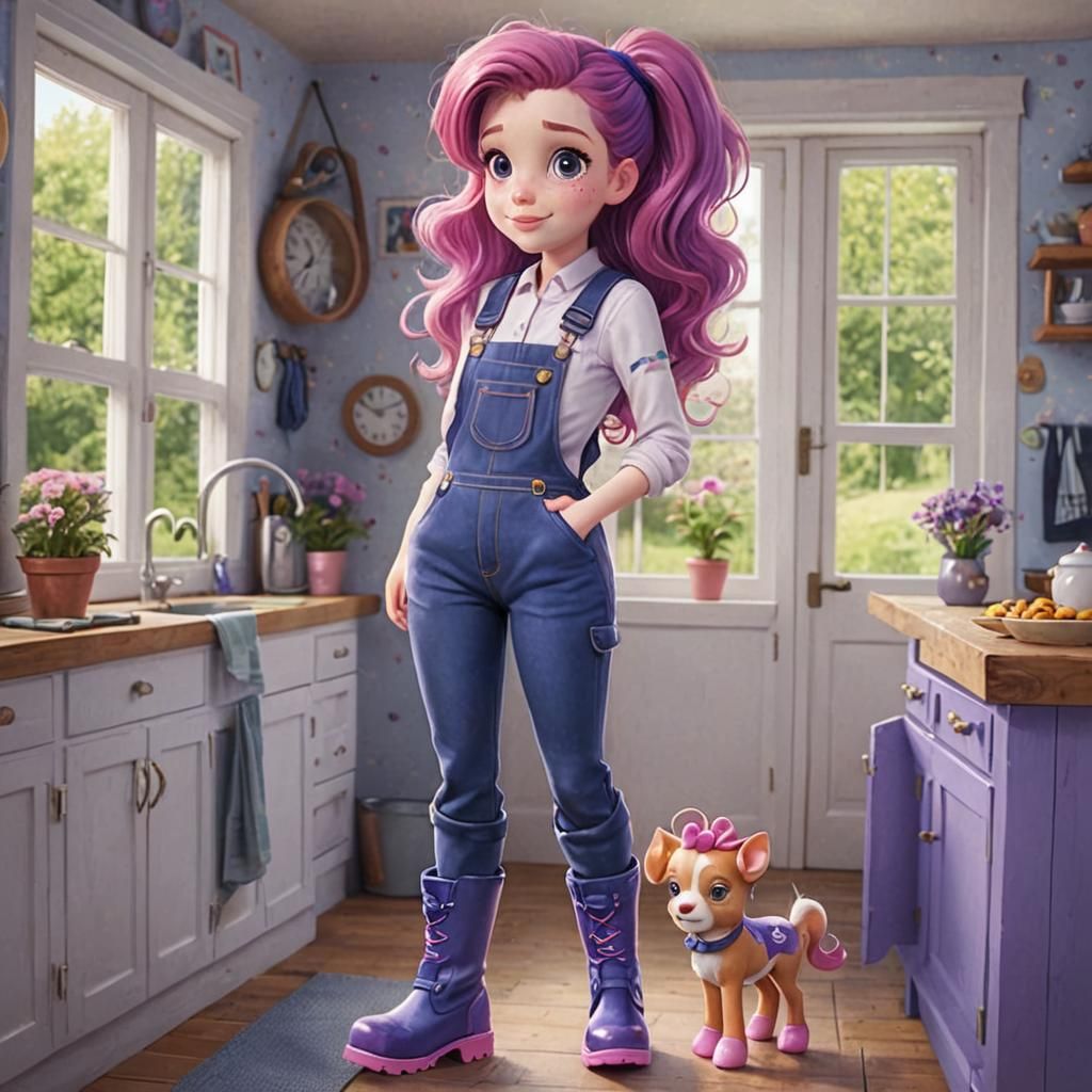 Girl with Pink Hair in Overalls and Boots