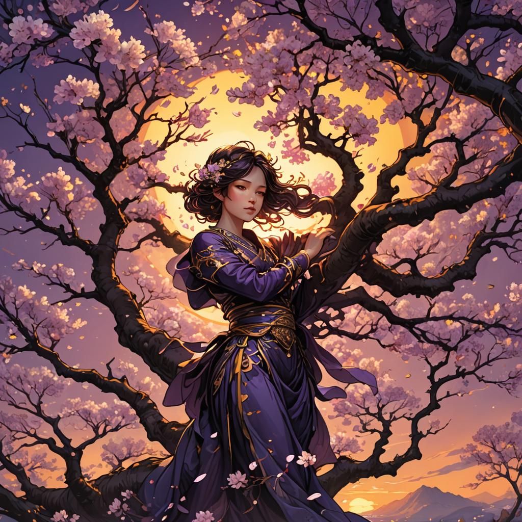 Ethereal Cherry Blossoms at Sunset: Dark Fantasy Art