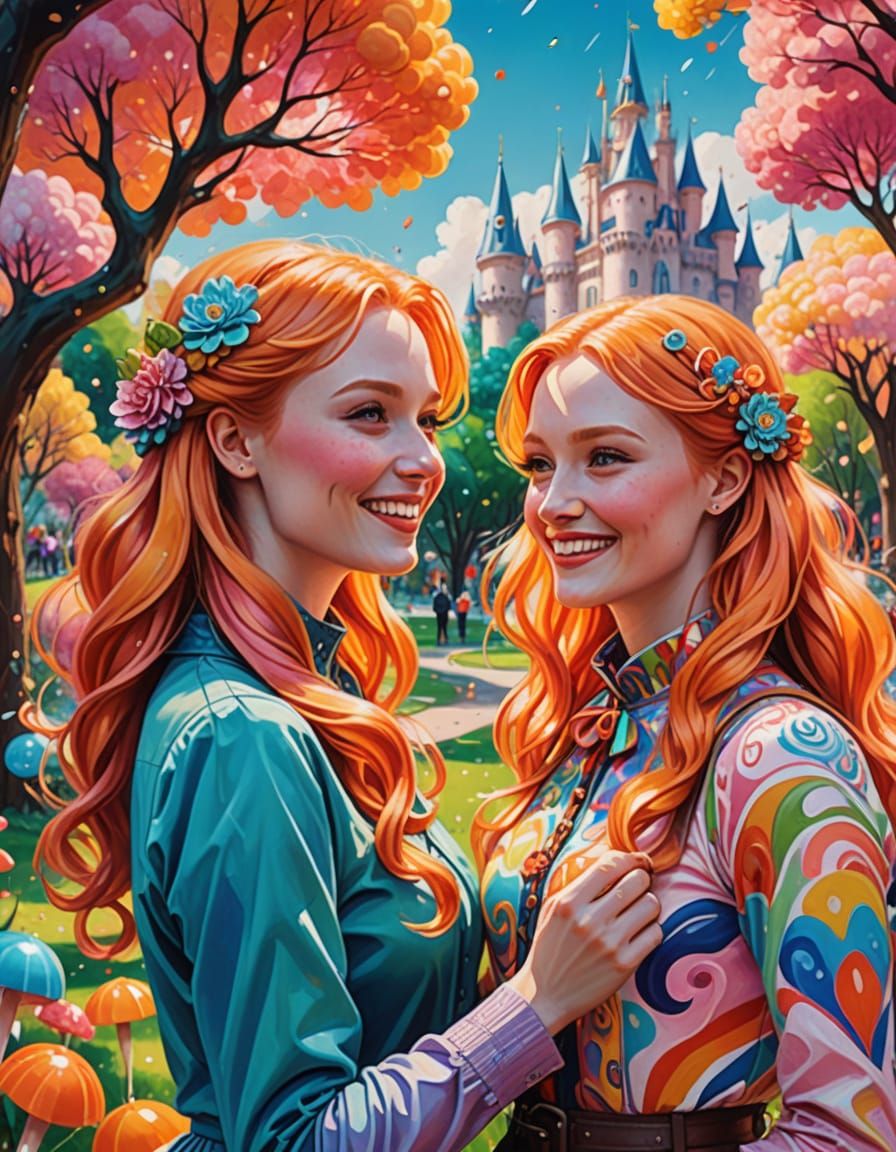 Vibrant Fantasy Portrait of Two Women in a Whimsical Candyla...