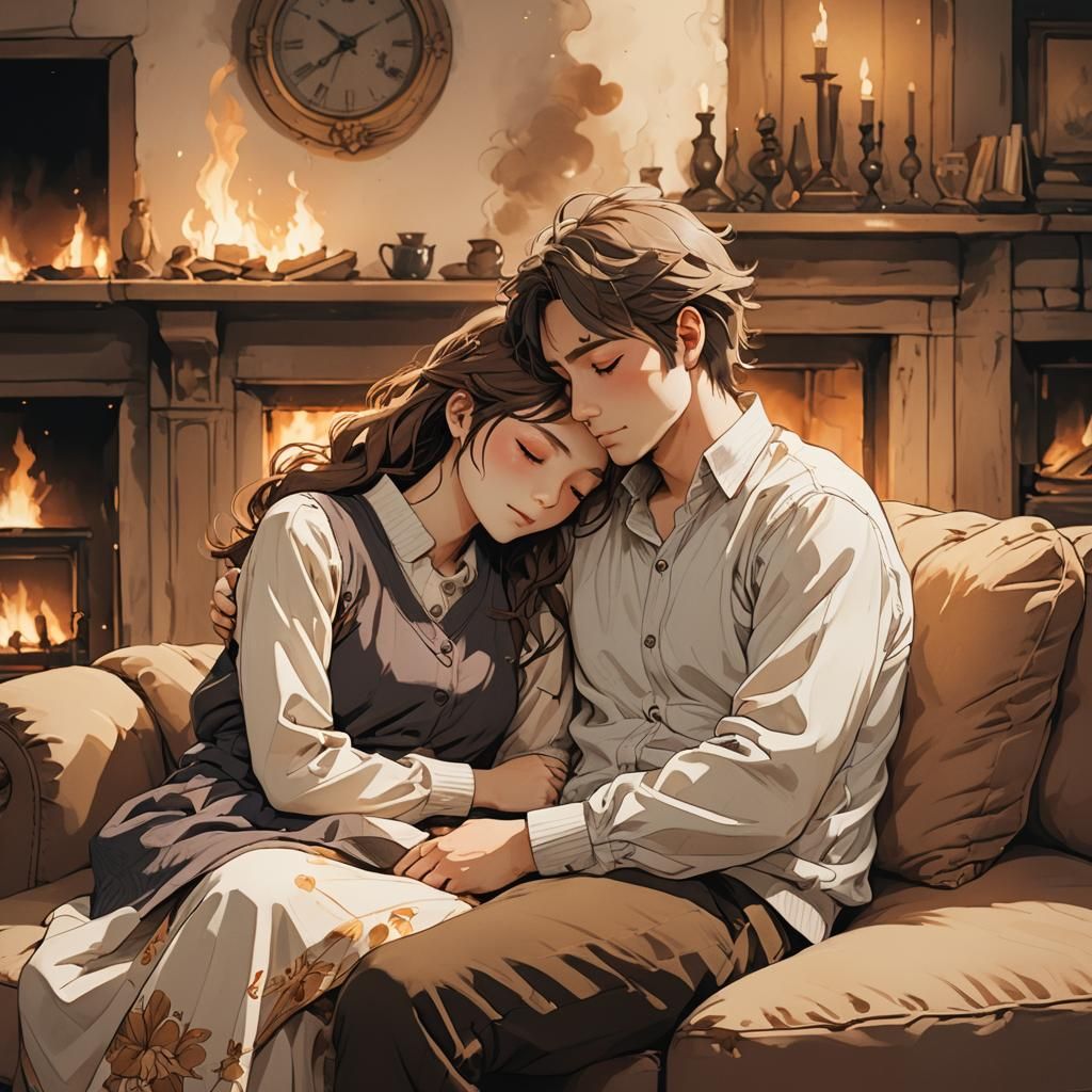 Cozy Anime Couple Sleeping by Fireplace