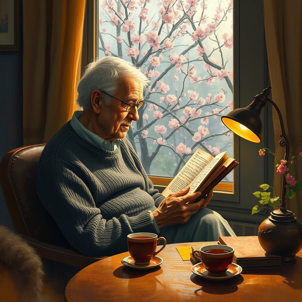 Elderly Gentleman Reads by Window in Cozy Home, Impressionis...