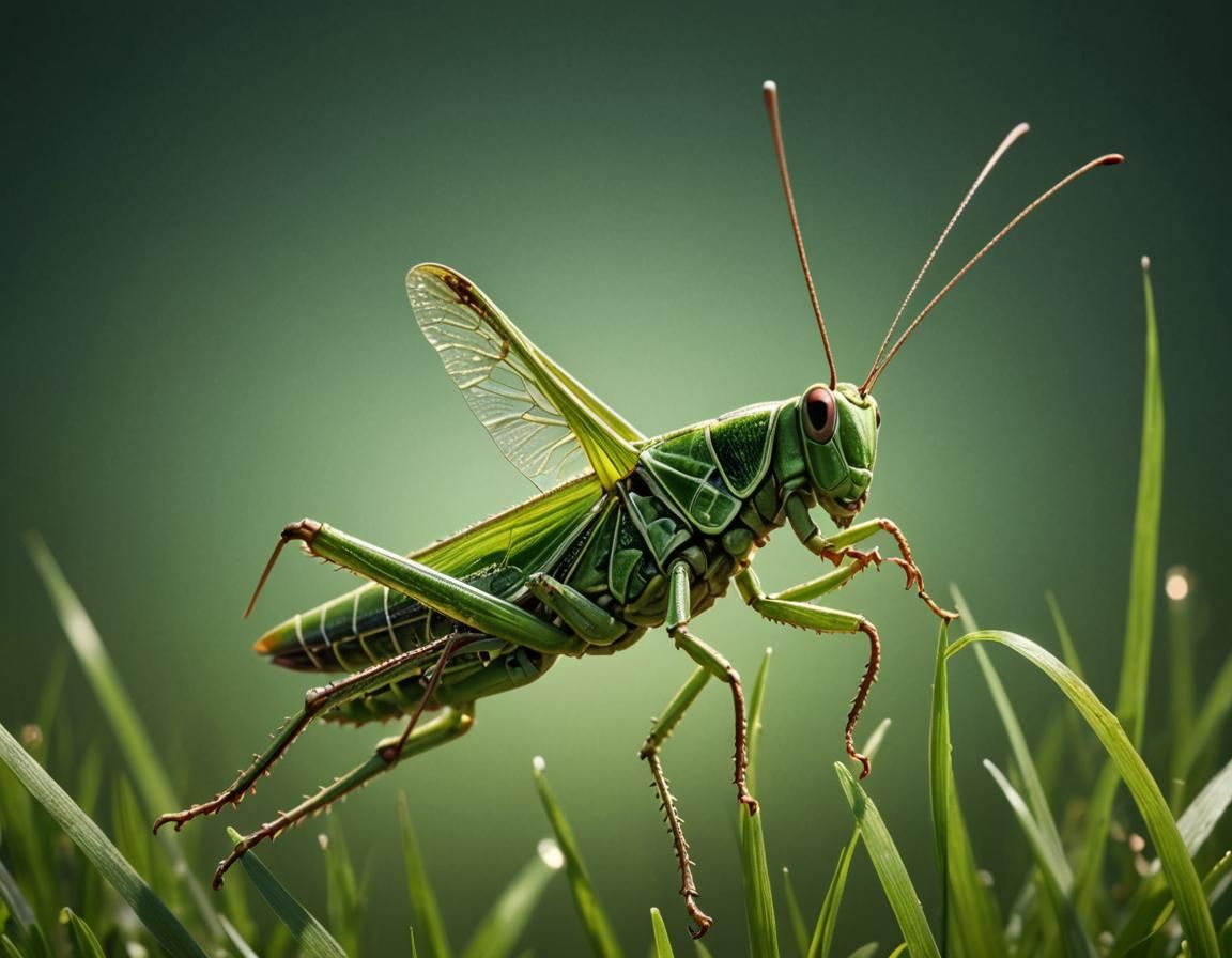 Green Grasshopper Mid-Jump: Macro Photorealism with Bokeh