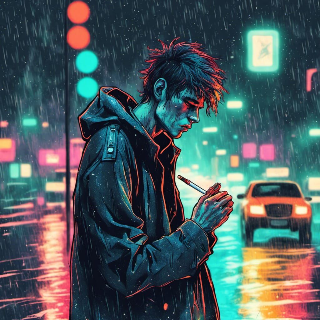 Sad Man Smoking in Rainy, Retrofuturistic Cityscape