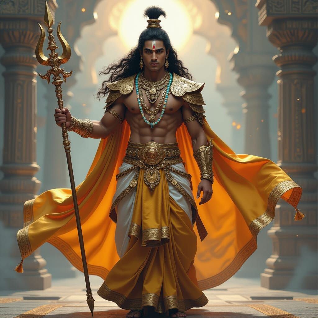 Heroic Young God of Hindu Mythology in Ornate Armor