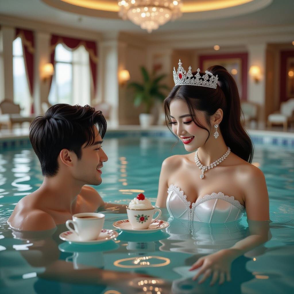 Joyful Hong Kong Girl in Hotel Pool with Diamond Crown