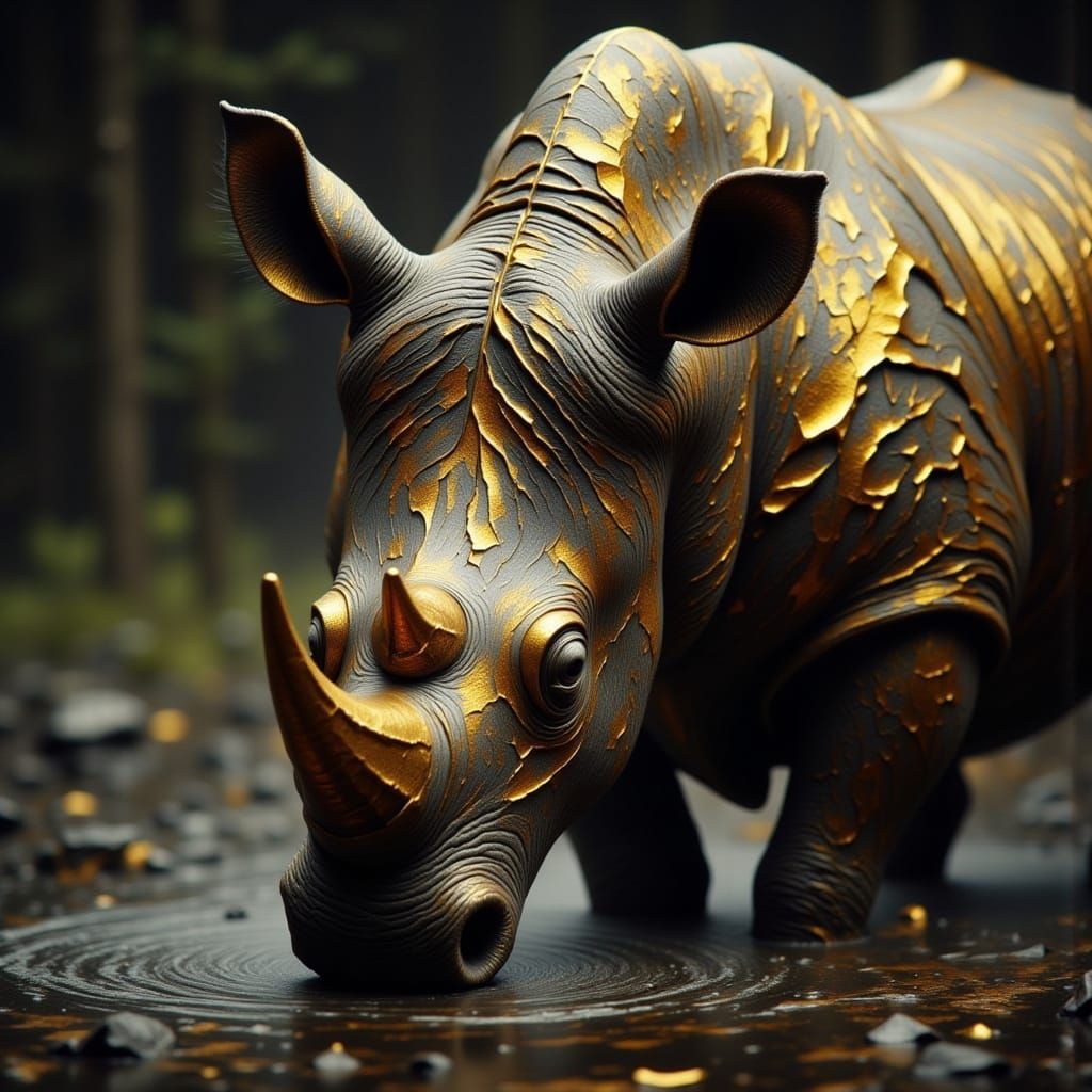 Rhinoceros with Golden Cracks in Pond
