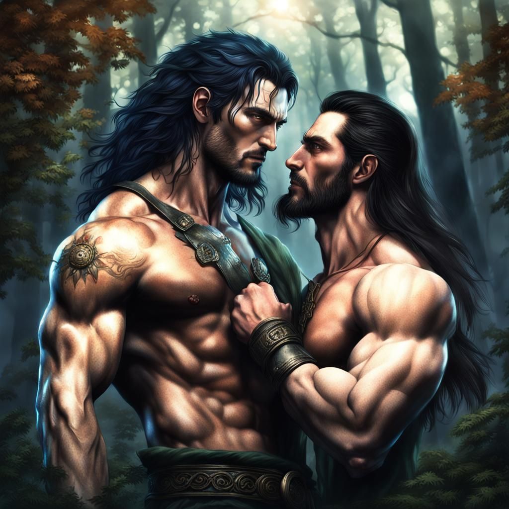 Photorealistic Image of Two Male Witches Kissing