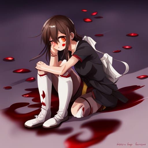 brown-haired girl crying with blood dripping down from her k...