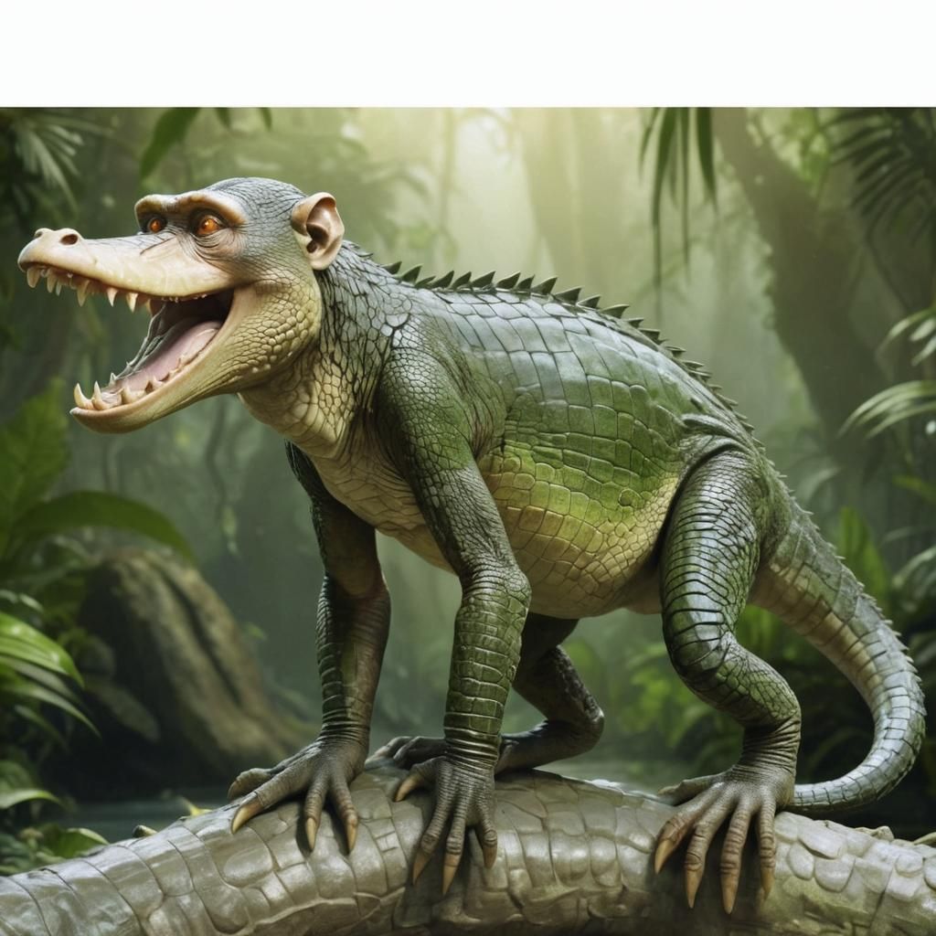 A hybrid animal image of a monkey and a crocodile, it has a ...