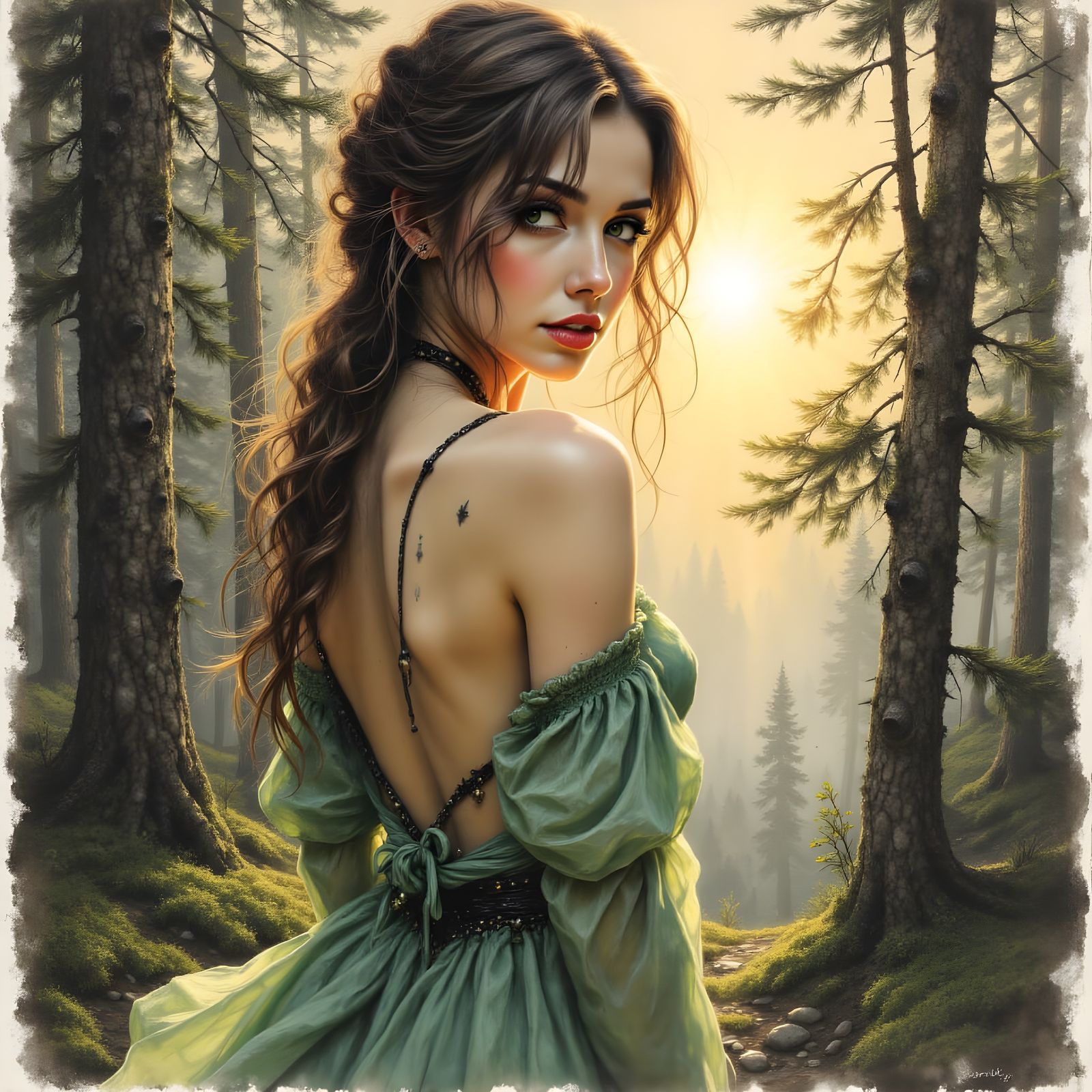 Vintage Charcoal Sketch of Norse Goddess