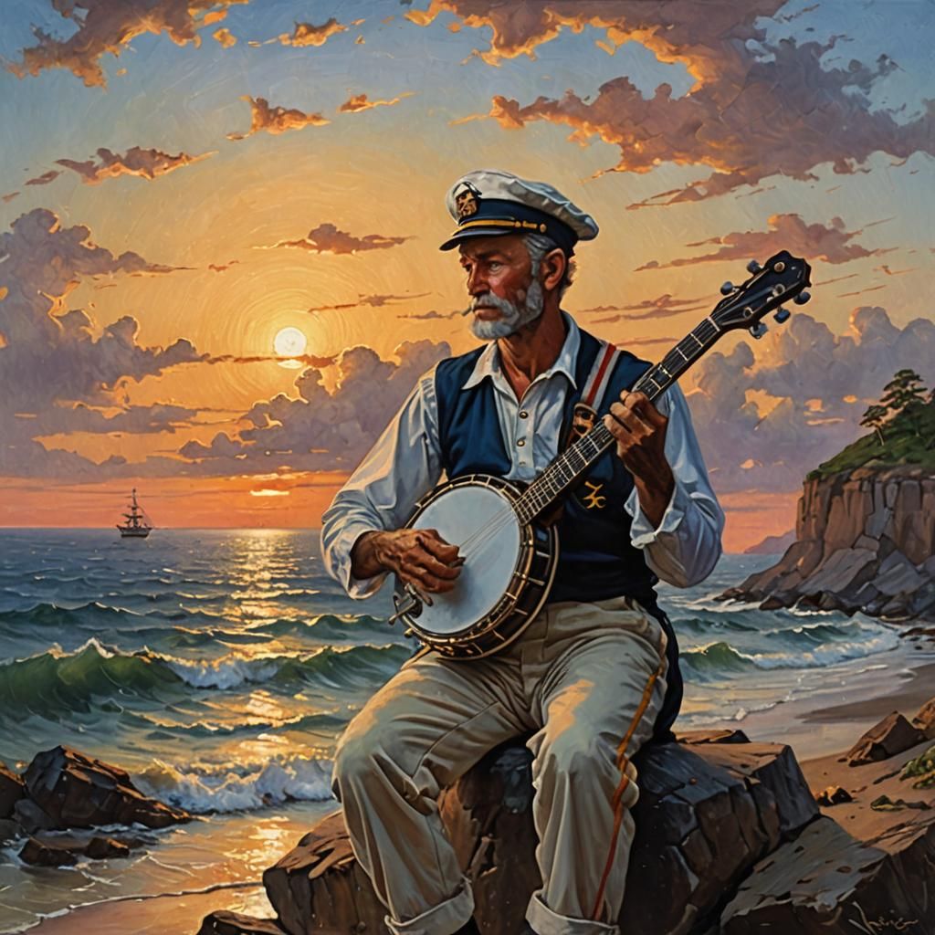 Sailor's Sunset Serenade as Oil Painting