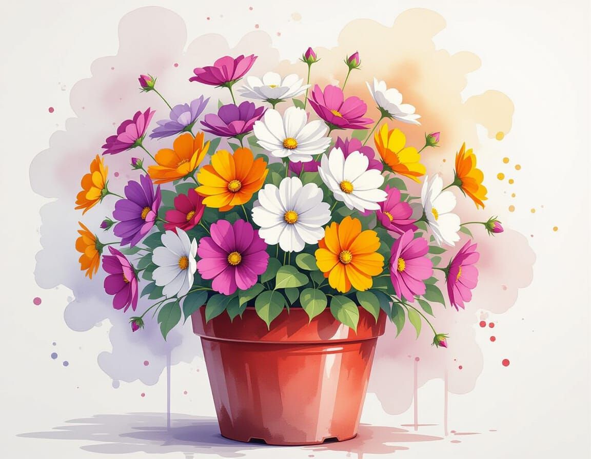 Colorful Cosmos Flowers in Watercolour Terracotta Pot