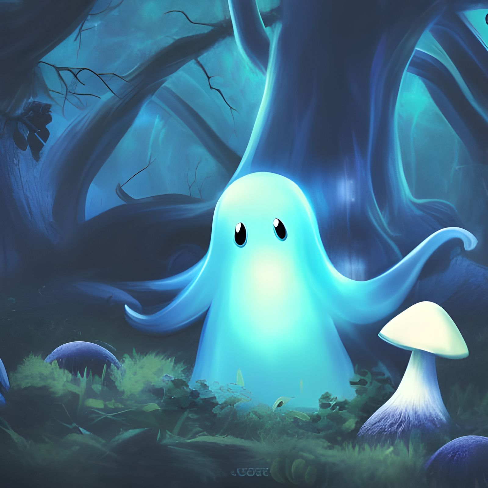 Cute Blue Ghost in a Dark Forest