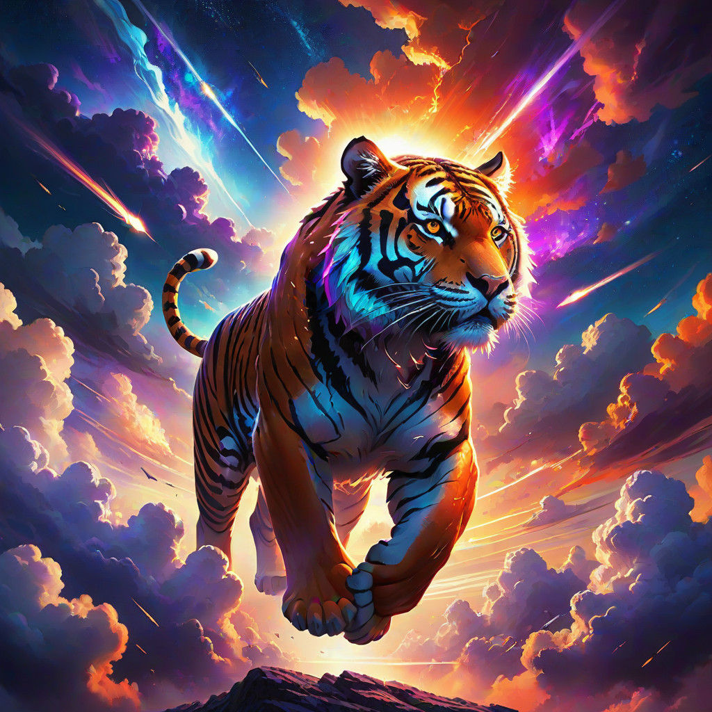 Majestic Tiger Soars Through Cosmic Skies in Vibrant Digital...