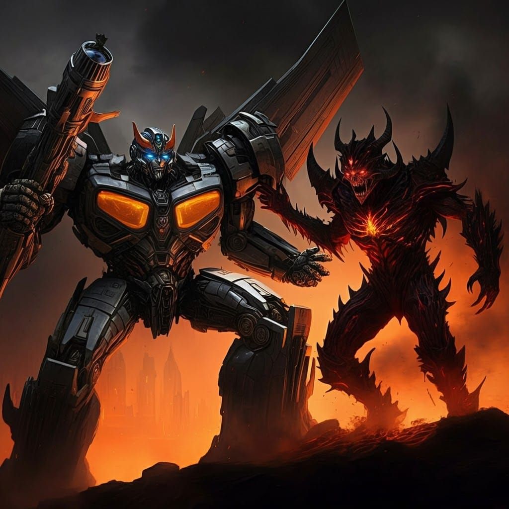 Transformer Robot Battling a Demon from Hell