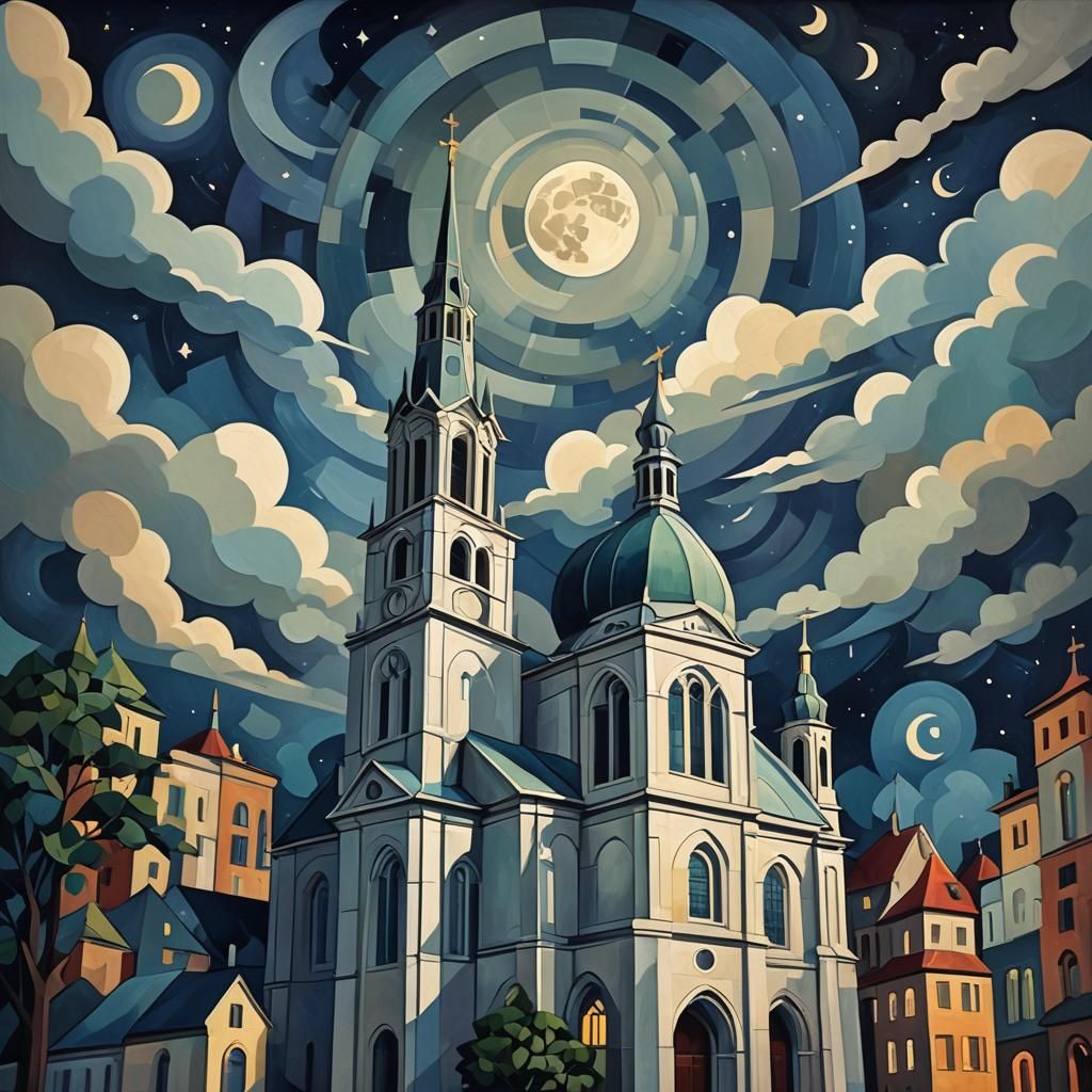 Cubist Moon Behind Church at Night