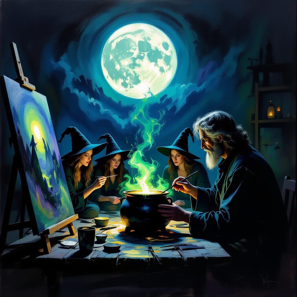 Witches Coven Oil Painting in Dramatic Chiaroscuro
