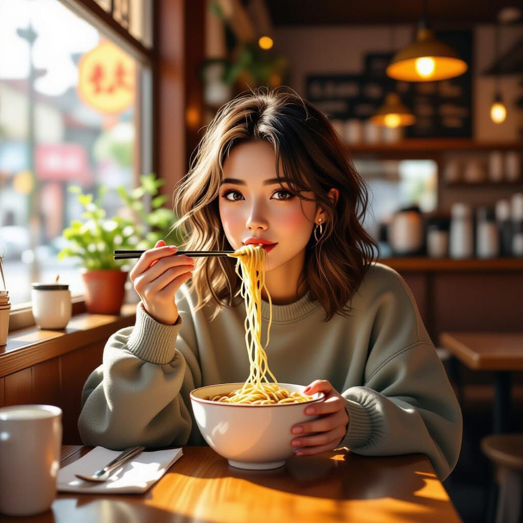 Cozy Cafe Scene: Person Eating Noodles in Warm Light