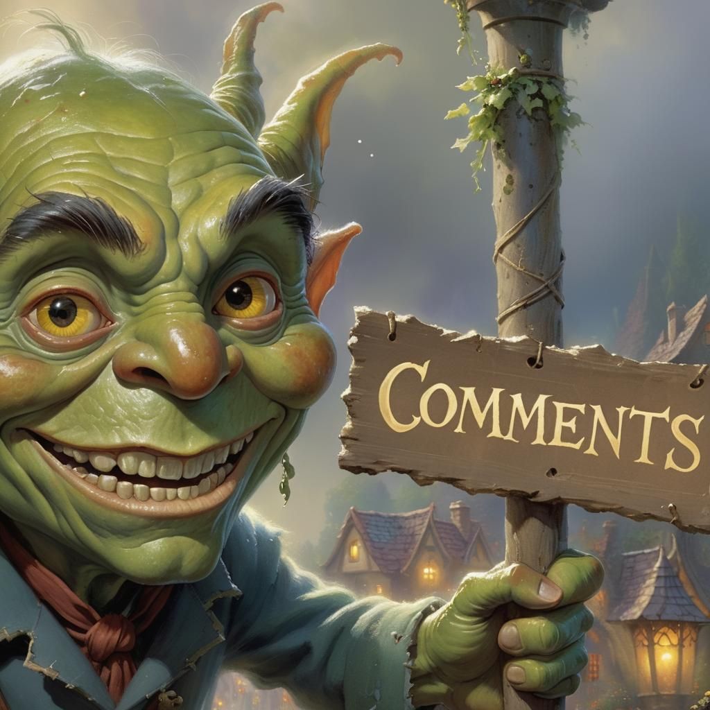 Happy Goblin with Comments Sign in Fantasy Style