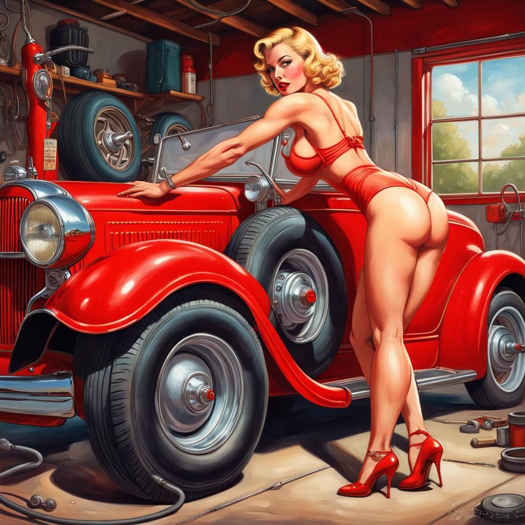 1930s Pin-Up Girl Changing Tire: Hyperrealistic Concept Art