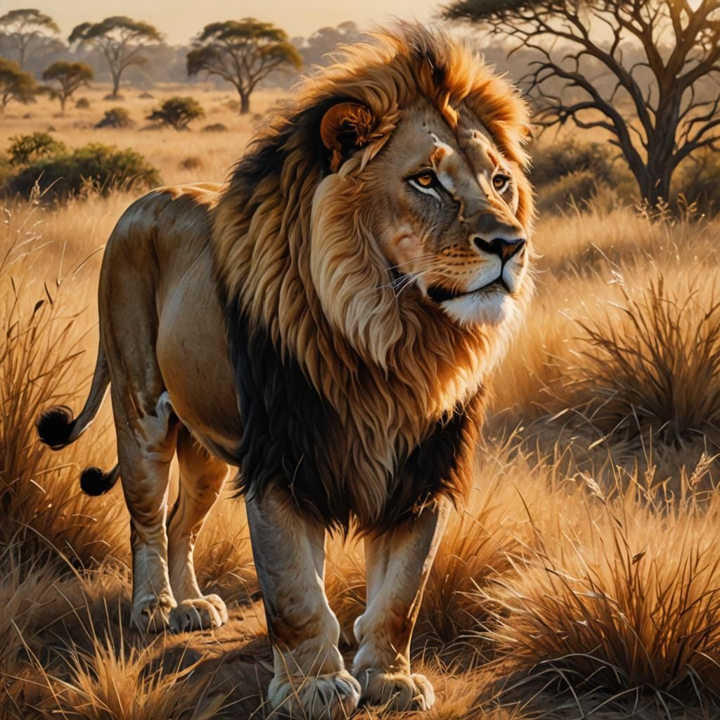 Majestic Lion in Golden Savanna: Oil Painting