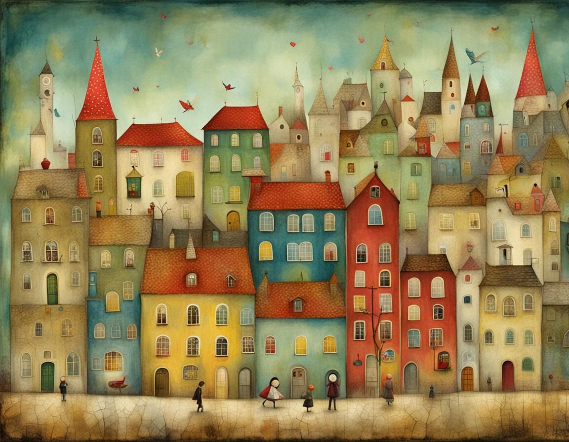 Whimsical Village Scene in Watercolor