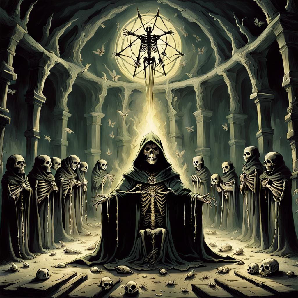 Skeleton Cultists Worship Hooded Figure in Ritual Chamber
