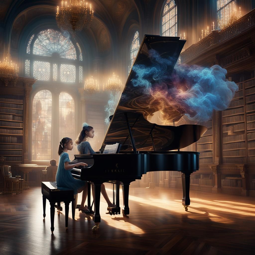 Smoky Girl Plays Piano in Library, Detailed Art