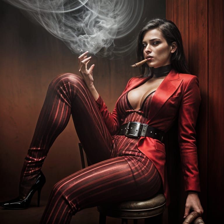 Female CEO in Red Suit Smoking Cigar