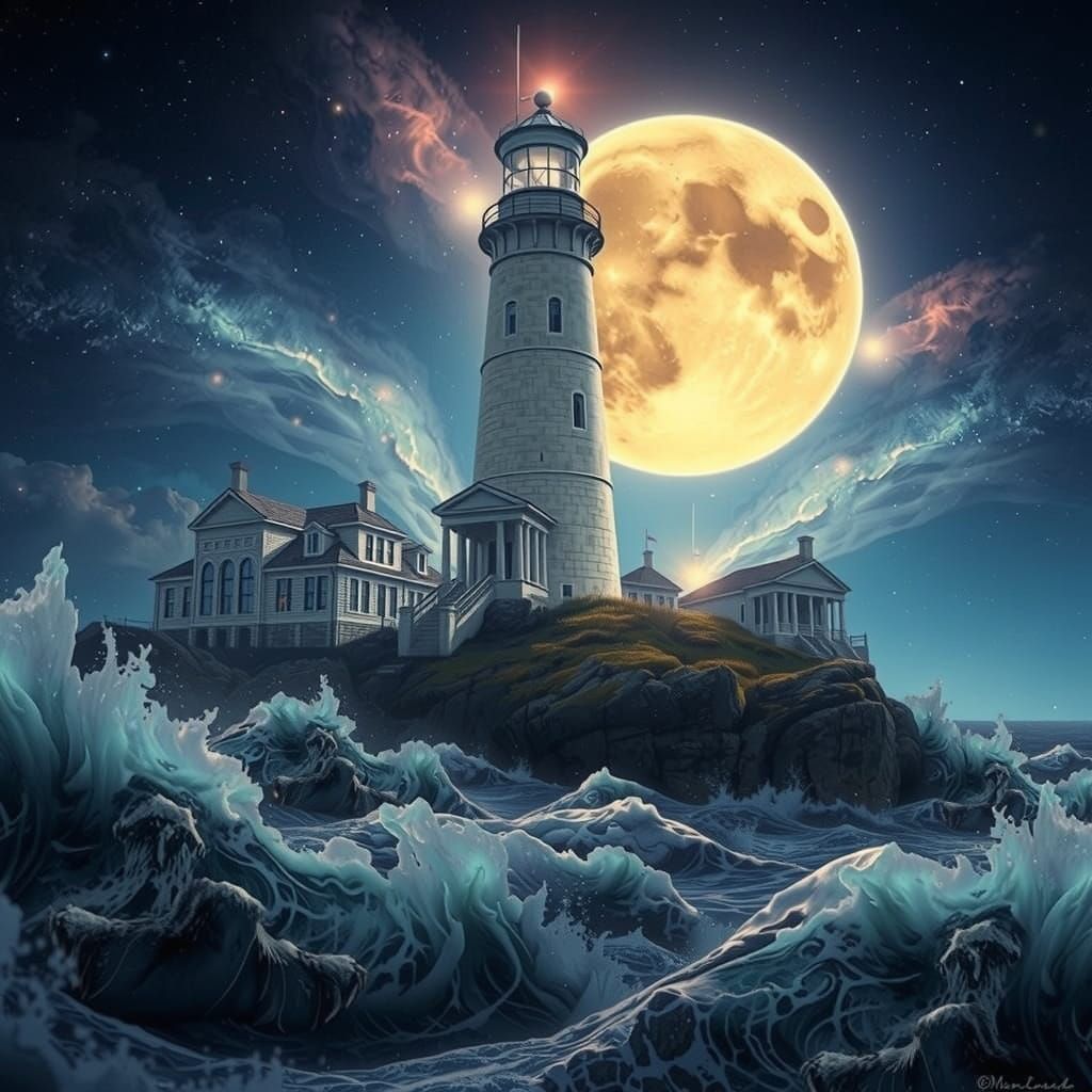 Split Rock Lighthouse stands tall, a resilient beacon, as a brilliant full moon ascends behind it, casting an ethereal g...