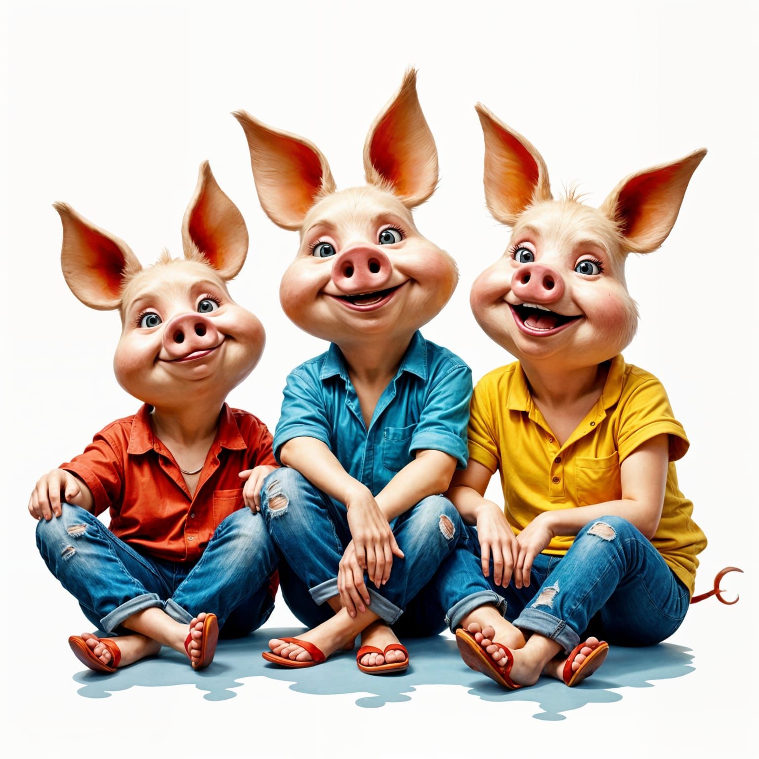 Vibrant Pop Surreal Digital Art of Three Happy Pigs in Exagg...