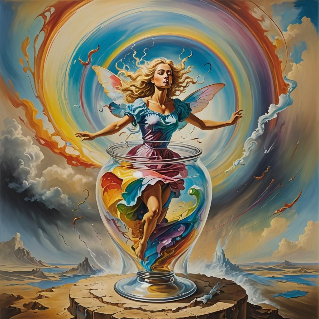 Girl Fairy Escapes Hourglass in Surrealist Painting