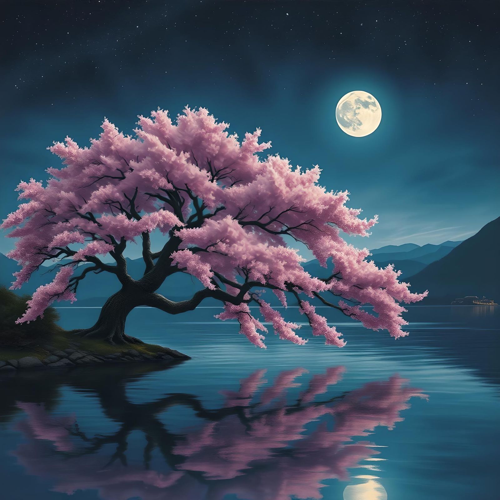 Pink Cherry Blossom Tree at Night as Oil Painting