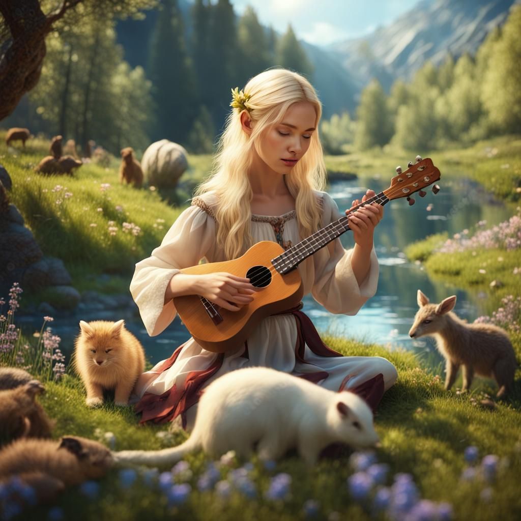 Elven Druid Girl Plays Ukulele in Sunny Glen