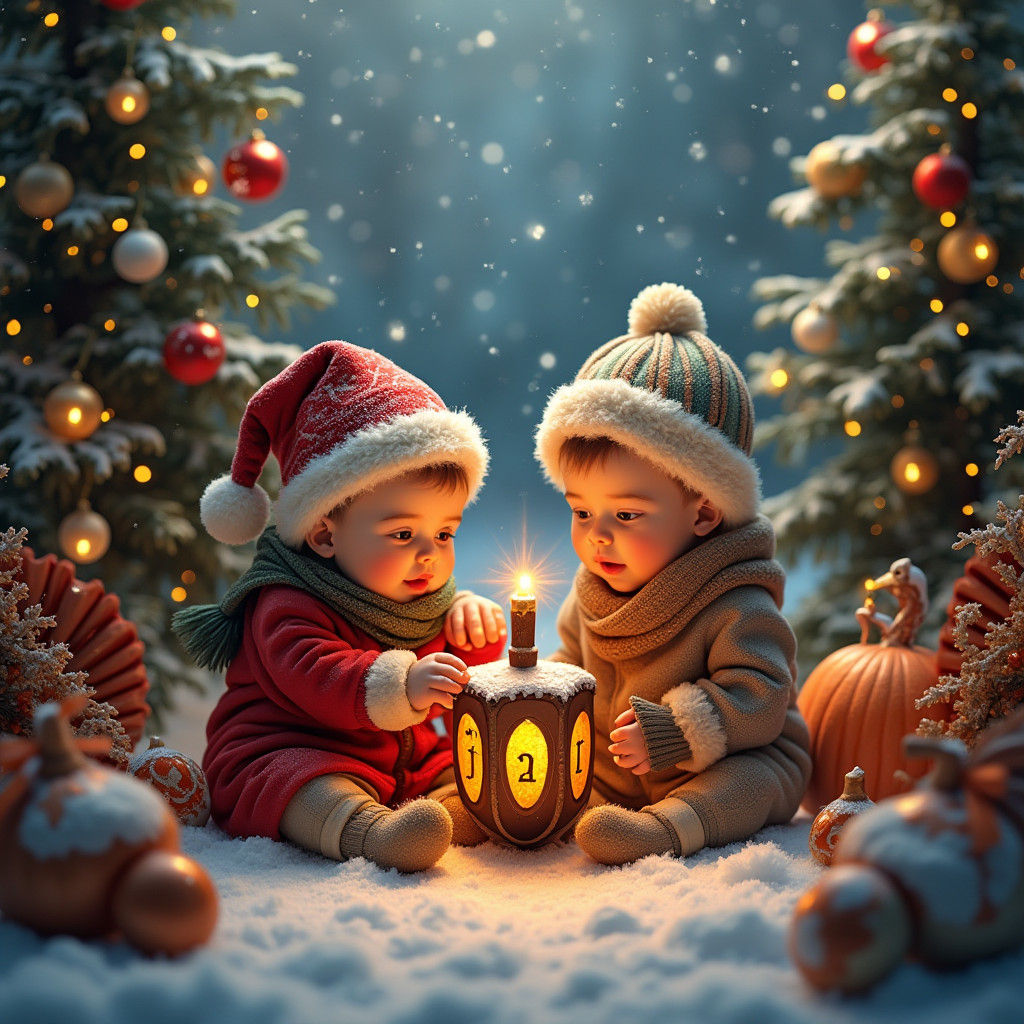 Festive Babies Play with Dreidel in Winter Wonderland