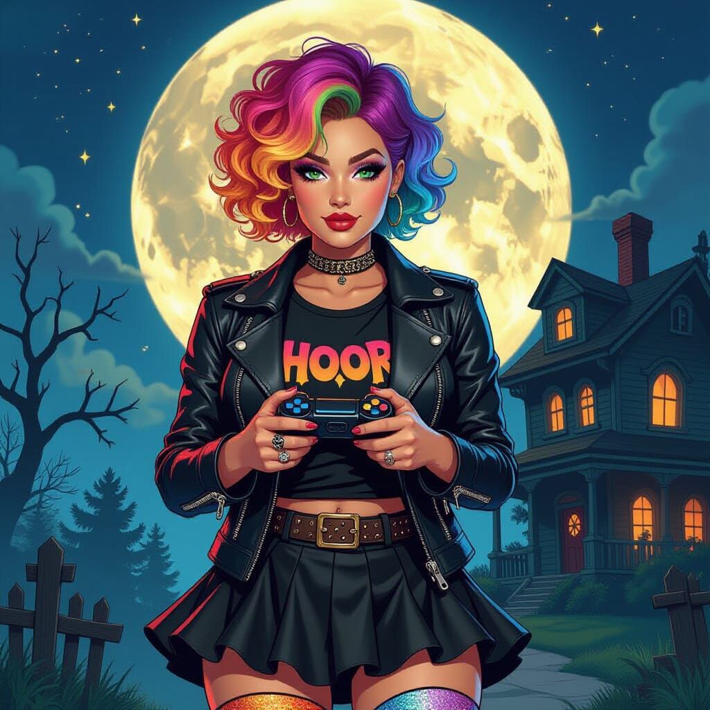 Rainbow-Haired Gamer Girl in Comic Book Style