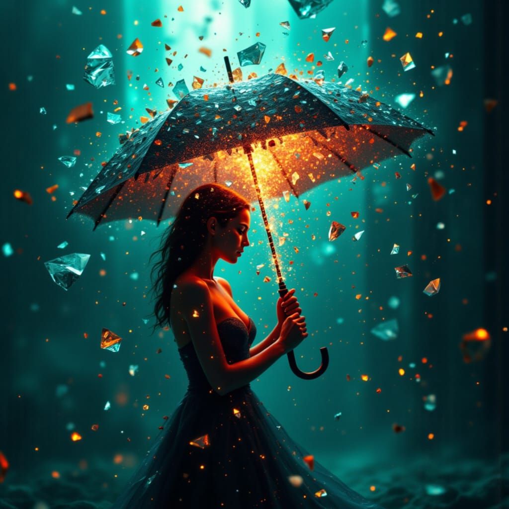 Surreal Crystalline Umbrella Fights Raging Storm