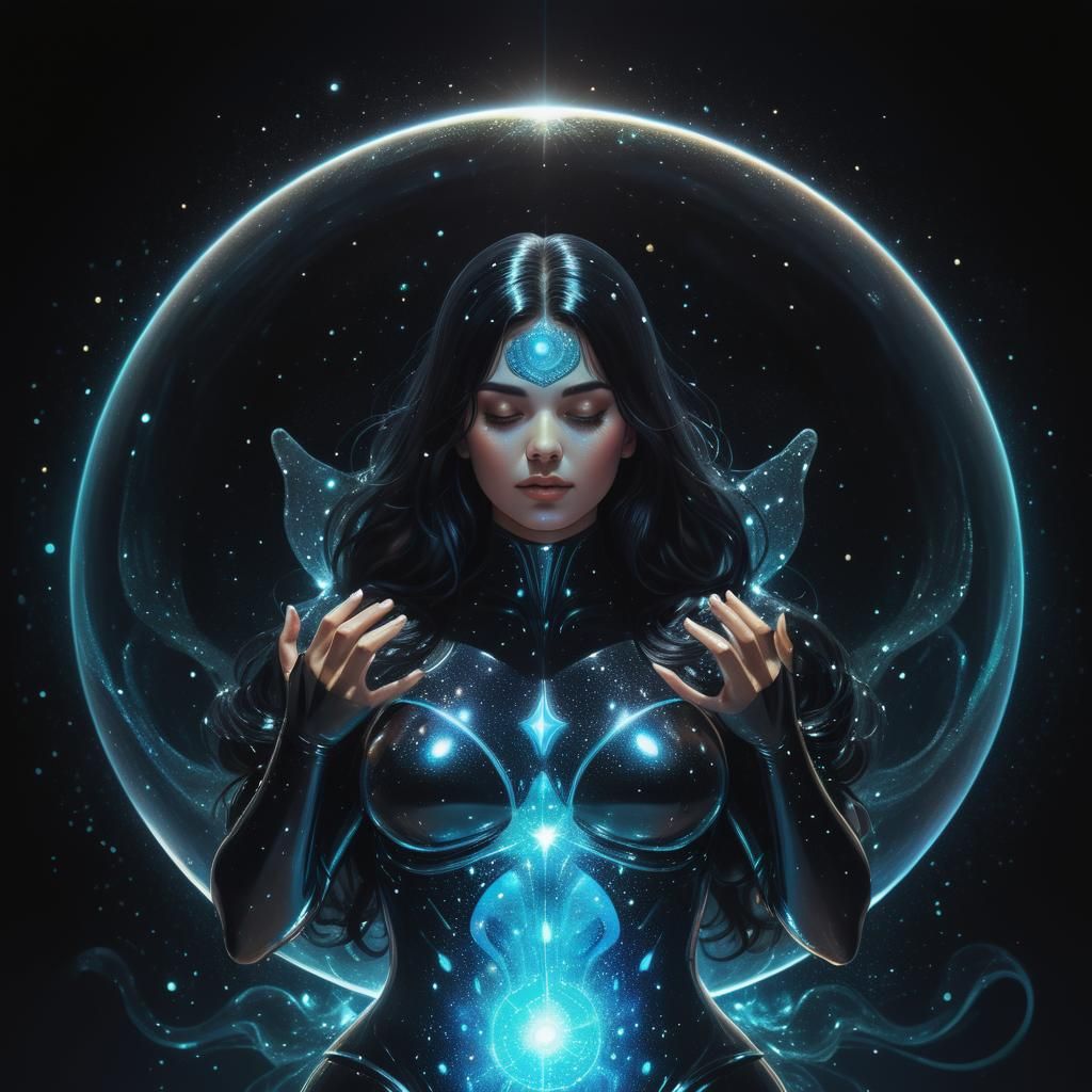 Woman Absorbing Luminescent Energy in Cosmic Illustration